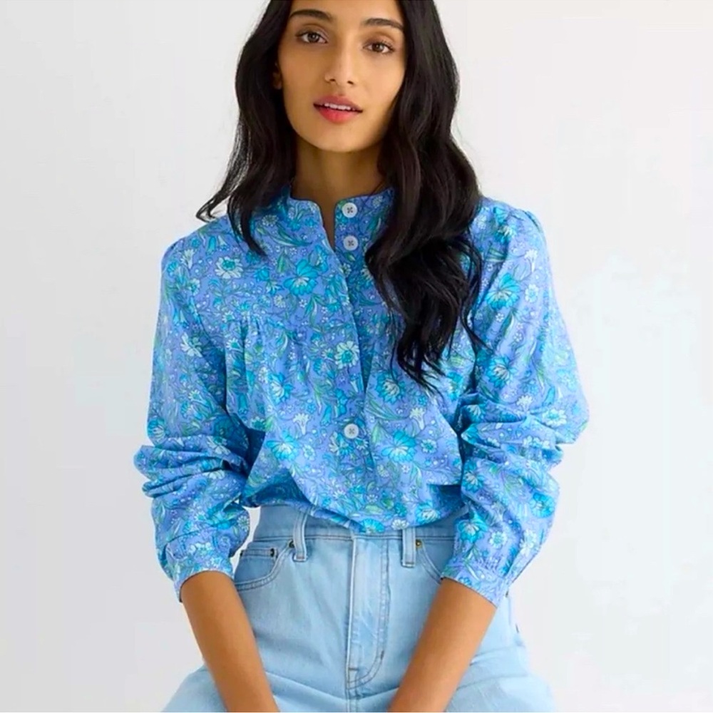 J. Crew Fresco Blouse Floral Cotton Poplin Blue Size Medium